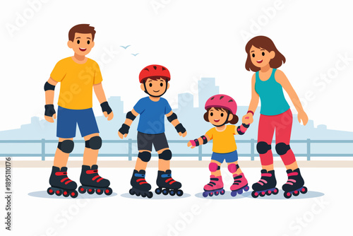 Family rollerblading outdoors, children and parents wearing helmets, safety gear