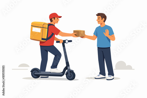 Courier delivering package to a customer using an electric scooter for fast dispatch