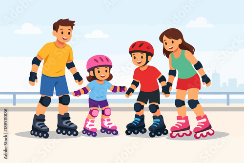 Family rollerblading together, enjoying outdoor activity and healthy lifestyle
