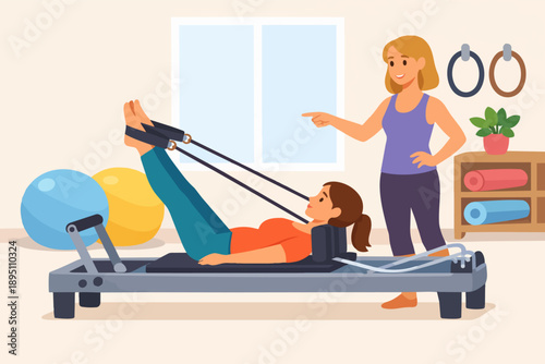 Pilates reformer workout with trainer instructing female client in studio