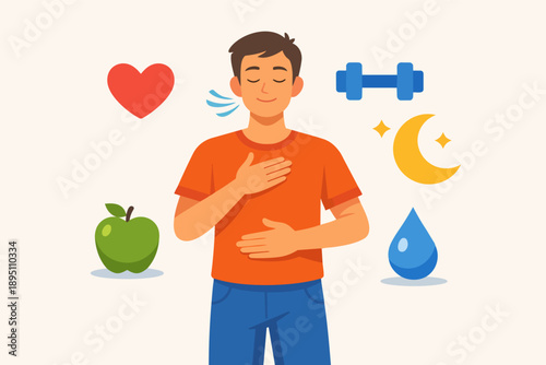 Man practicing respiration for well-being, surrounded by lifestyle elements