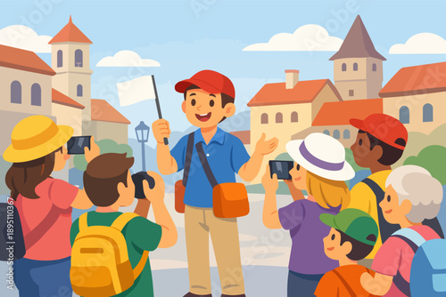 Tour guide leading group of tourists through charming european city street