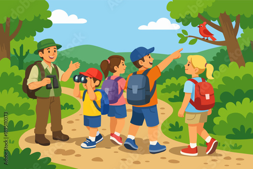 Children learning about nature outdoors with an adult guide, birdwatching during a forest hike