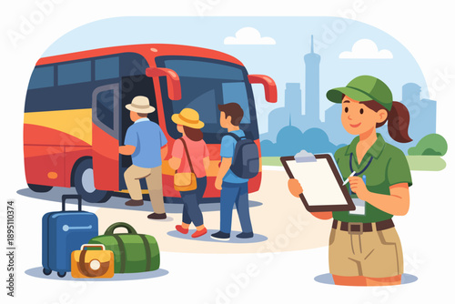 Tour guide checking list while tourists boarding a bus for city travel adventure
