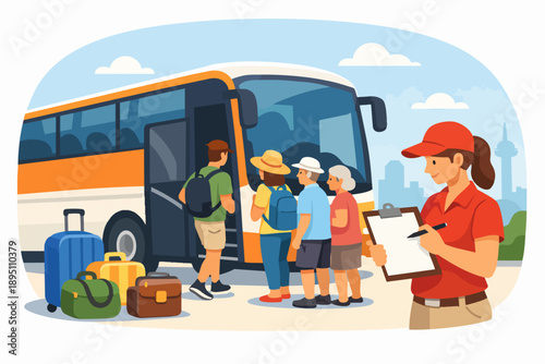 Tourists boarding bus for journey, guide checking checklist, travel and vacation concept