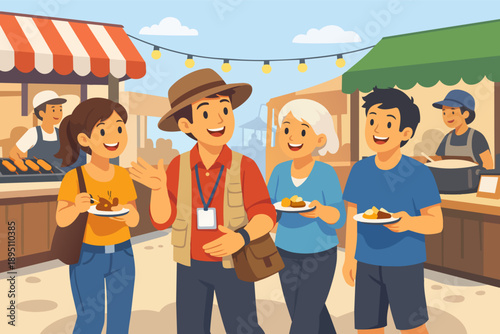 Group enjoying street food festival, smiling and tasting local cuisine outdoors