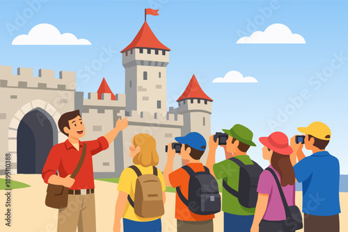 Tour guide leading tourists at castle, sightseeing historical landmark and taking photos