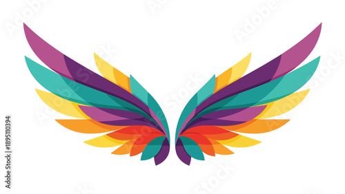 Stylized symmetrical wings formed by overlapping translucent colorful feather shapes
