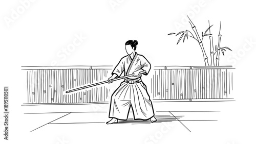 Elegant martial artist practicing kendo with bamboo background