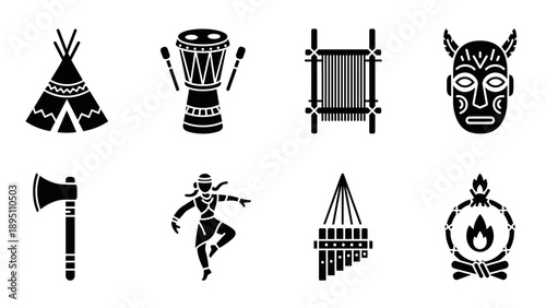 Traditional tribal icon set featuring cultural symbols and artifacts