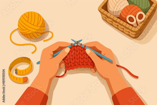 Hands knitting red yarn with needles, enjoying creative craft hobby