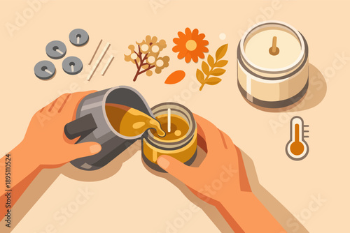 Handmade candle crafting, pouring wax into a jar, creating a scented aromatherapy product
