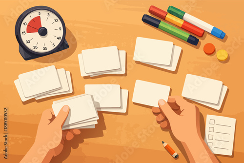 Hands organizing cards on a desk with a timer, managing tasks and productivity