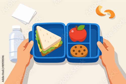Hands holding a blue lunch box filled with sandwich, apple, cookie, and water
