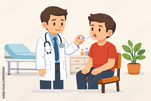 Pediatrician checking boy temperature with medical thermometer during routine checkup