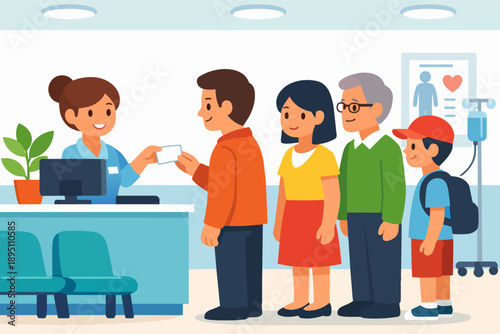 Patients queuing at medical reception, checking in with nurse, healthcare service