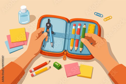 Organizing school stationery in pencil case with compass, pencils, and ruler