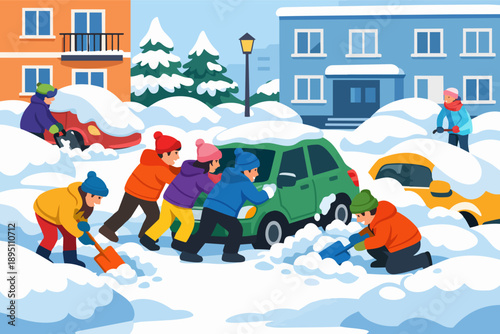 Winter blizzard helping neighborhood: people shoveling snow, pushing car together
