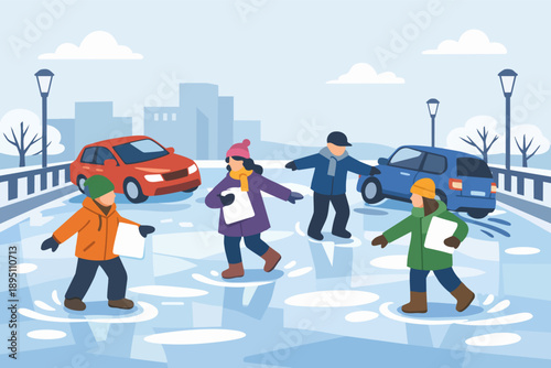 People walking on icy road, cars skidding, winter danger and slippery conditions