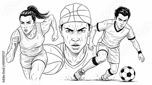 Dynamic sports trio: basketball and soccer athletes in action