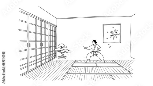 Minimalist linear art of martial arts practice in zen japanese room