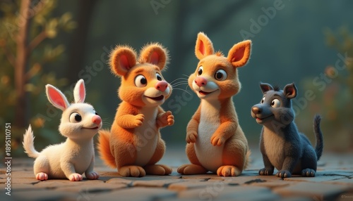 Cute cartoon animals talking and interacting in a forest setting  