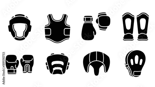 Silhouette icons of boxing gear: gloves, headgear, pads, and more