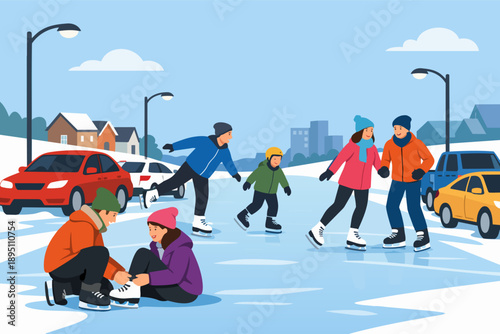 People enjoying winter ice skating on an outdoor rink, tying skates and holding hands