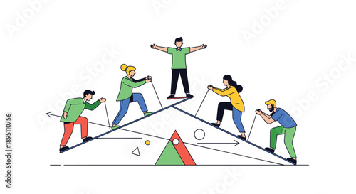 Business team working together on a balance beam