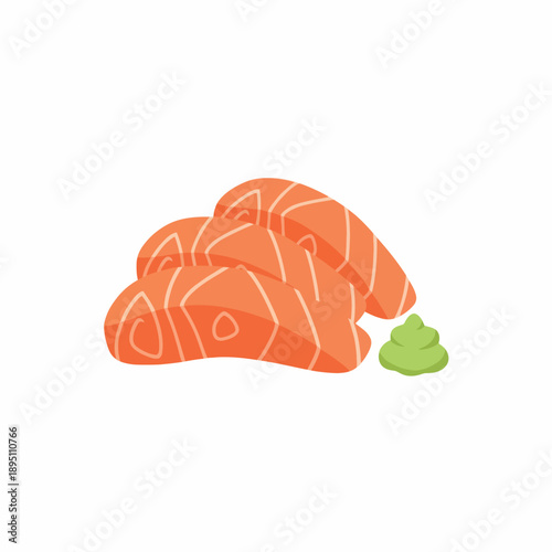 Three slices of salmon sashimi with a dollop of green wasabi paste