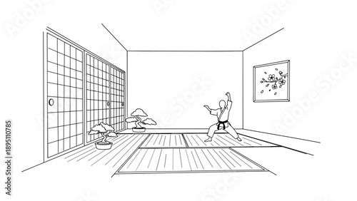 Martial artist practicing in traditional japanese dojo room line art