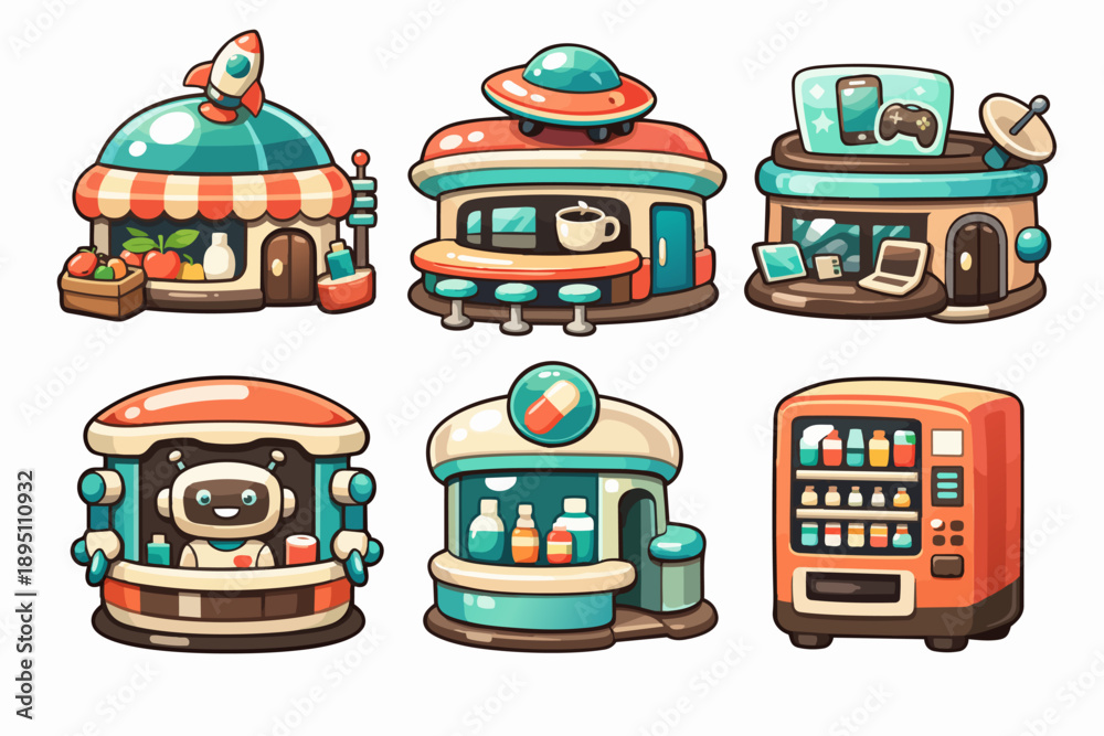 Naklejka premium Creating futuristic shops and kiosks, game assets vector illustration