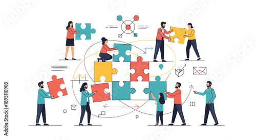 Vector illustration of people working together with puzzle pieces