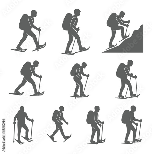 Hikers with backpacks and poles various walking poses isolated vector silhouette action poses