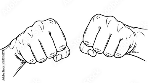 Fist bump outline: connected hands gesture in black and white line art