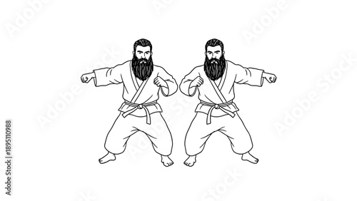 Martial arts poses with twin bearded fighters in traditional attire