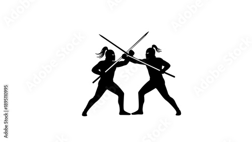 Silhouette of two warriors sparring with spears in dynamic combat pose