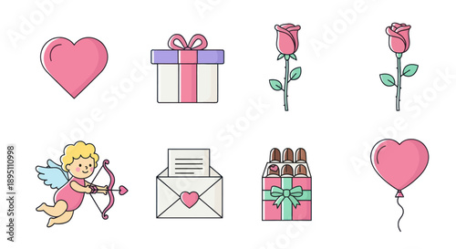 Cute Valentine Symbols: Cupid, Heart, Rose, Gift Box, Chocolates, Balloon, Love Letter