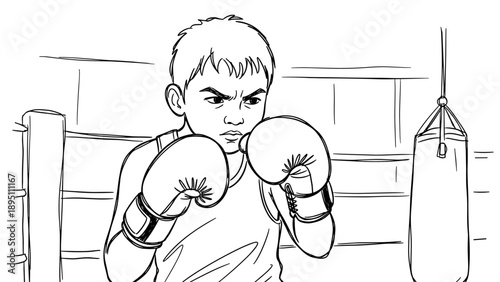 Determined kid boxer in gym: black and white line art of young fighter training with intensity
