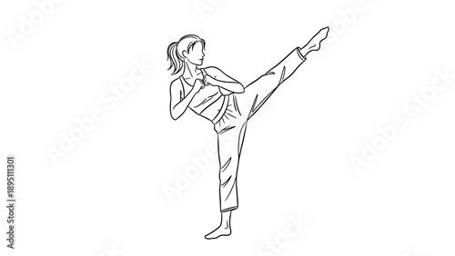 Woman practicing advanced kick in martial arts training pose