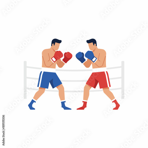 Two boxers with red and blue gear face each other in a boxing ring