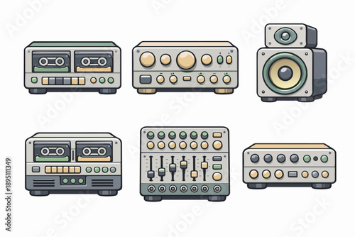 Vintage audio equipment, retro cassette decks, mixer, amplifier, speaker vector set