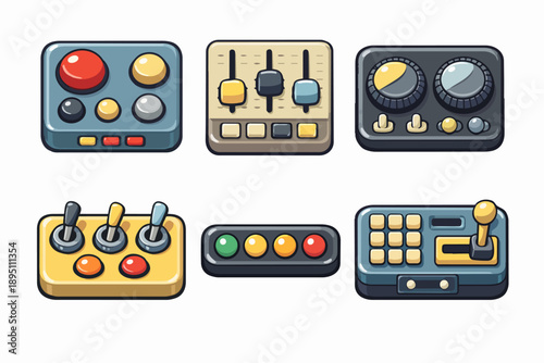 Cartoon control panels collection featuring buttons, dials, levers, sliders, and joysticks