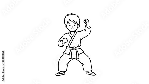 Karate kid practicing martial arts in line art style