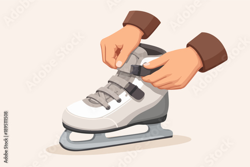 Hands fastening ice skate buckle, preparing for winter sports and recreation