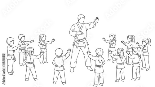 Karate class for kids in training uniforms with instructor in outline style