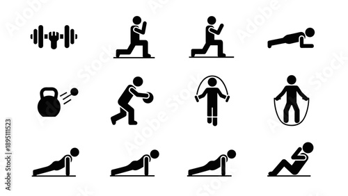 Fitness icons set featuring exercise and workout stick figures in black and white