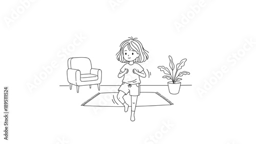 Cute kid dancing in simple living room line art