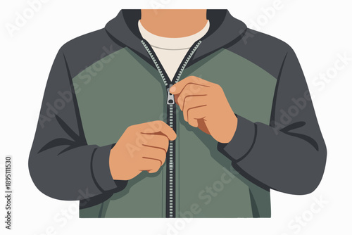 Person zipping up jacket, dressing in casual wear, preparing for day