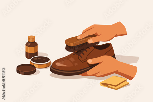 Person polishing brown leather shoe with brush, cleaning footwear for maintenance